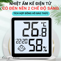 Nhiệt ẩm kế điện tử tích hợp đồng hồ báo thức có đèn nền 2 chế độ sáng, đo nhiệt độ, độ ẩm không khí trong phòng