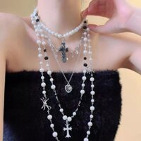 Nhiều Lớp Đính Hạt Trái Tim Nhện Đeo Chéo Ngọc Trai Vòng Cổ Nữ choker Niche Cao Cấp Xương Đòn Dây Chuyền 12.29