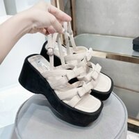 Nhiều màu Sandal xuồng hai nơ da lộn đế bánh mì cao 7cm