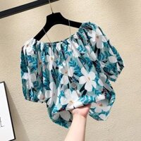 Nhỏ Tươi Hoa Voan Áo Sơ Mi Một Vai Top Gợi Cảm Lộ Xương Cổ Nữ Mùa Hè Tính Khí Thời Trang Tay Ngắn