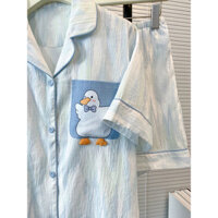 Nhỏ Tươi Sọc Vịt Bộ Đồ Ngủ Nữ Phong Cách Ngắn Tay Áo Cardigan Loungewear Suit Có Thể Mặc Bên Ngoài XX28