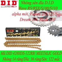 Nhông sên dĩa DID Wave RS/RSX/S100/S110/alpha mới, Future 2/X/125/Neo, Dream 110, Blade 110 sên Metalic Gold (combo lẻ)