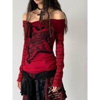 Niche [Áo Dài Tay Mỏng Vừa Vặn] Áo Trễ Vai In Họa Tiết Kẻ Sọc Đỏ Đen Thời Trang Chính Hãng IMLX