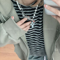 Niche ins Phong Cách Ngọc Trai Khâu Chữ Thập Mặt Dây Chuyền Độc Đáo Hip Hop Vòng Cổ Nam Nữ Xương Đòn Dây Xích