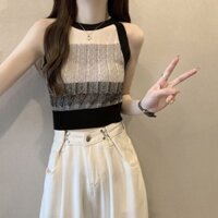 Niche Retro Sọc Dệt Kim Camisole Nữ Thiết Kế Mùa Hè Đơn Giản Phù Hợp Với Màu Sắc Mỏng Phù Hợp Với Cô Gái Nóng Không Tay Ngắn Quần Áo Nữ