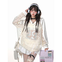 Niche Shoulder-Inserted Clothing Early Autumn Lace Lazy Style Sweatshirt Hollow Design New Chic Loose Shiny Pink Women's Slimming XOTP