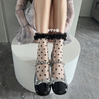 Ning Xiaoyi Ren Chấm Bi Thẻ Lụa Tất Nữ Mùa Hè Siêu Mỏng Trong Suốt Đen Lụa Tất Thủy Tinh Lụa Ống Ngắn Pha Lê Tất