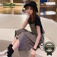 Ninh Đức nữ 2 Set Quần Yếm nữ Phù Hợp Với nữ Kẻ Sọc Yếm Quần Ống rộng Tuổi Giảm đáng yêu 2 Thời Trang Quần Short Kẻ Sọc + Tặng Áo Thun Nữ