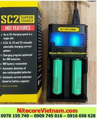 Nitecore SC2 (Bộ sạc Nitecore SC2 kèm sẳn 02 pin SẠC 18650 SAMSUNG INR18650-25R 2500mAh dòng xả 20A lithium 3.7v) chính hãng