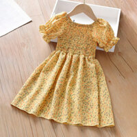 Njxd 2024 Mùa Hè Mới Thời Trang Bé Gái Voan Puff Tay Áo Họa Tiết Hoa Ruched Đầm Thích Hợp Cho 2-6Yrs