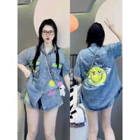 (N.N Ninh Hiệp ) Set Bộ Bò Nữ Áo Sơ Mi Kèm Quần Short Phối Túi In Hình Mặt Cười Cá Tính Phom Rộng Hot Hit