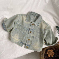 Nó dễ mặc ~ Áo khoác bò cổ điển trẻ em phong cách Hàn Quốc Áo cardigan nam nữ cổ bẻ trang phục xuân thu