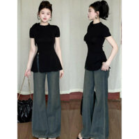 Nơ Đen Phối Ren Áo Len Ngắn Tay Nữ Mùa Hè 2025 Phong Cách Mới Tinh Khiết Desire Phong Cách Giữa Chiều Dài Chia