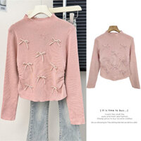 Nơ Dệt Kim Người Phụ Nữ Tay Dài Phong Cách Hàn Quốc Rời Dệt Kim Áo Sơ Mi Nữ Đen Hồng Biege Đan Top