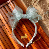 Nơ đứng màu xanh phối ren - Băng đô cài (Bờm) - Băng đô thun - Turban - Cho bé gái mới sinh tới lớn