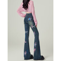 Nơ Graffiti Hơi In Hình Đầy Đủ Quần loe Nữ Thu Đông Phong Cách Mới Hot Girl Eo Cao Slim fit Quần Giày