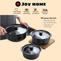 Nồi Gang kho cá, nắp kính cường lực size 20.24. được phủ 3 lớp chống dính tiện lợi, nồi kho tộ, nồi nấu mì cay, cơm trộn
