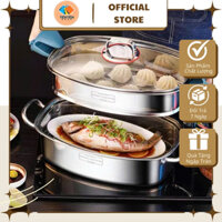 Nồi Hấp Cá 2 Tầng Inox 304, Nồi Hấp Bánh, Hấp Hải Sản Bếp Từ, Bếp Ga, Bếp Hồng Ngoại