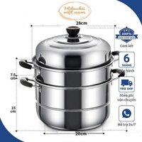Nồi Hấp Inox 3 Tầng Siêu To Nồi Hấp Bánh Bao Bánh Flan Hấp Thức Ăn 28CM Dùng Cho Cả Bếp Từ Và Bếp Ga Tặng Kèm Xửng Hấp