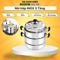 Nồi Hấp Inox 3 Tầng Siêu To Nồi Hấp Bánh Bao Bánh Flan Hấp Thức Ăn 28CM Dùng Cho Cả Bếp Từ Và Bếp Ga Tặng Kèm Xửng Hấp