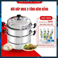 Nồi Hấp Inox 3 Tầng Siêu To Nồi Hấp Bánh Bao Bánh Flan Hấp Thức Ăn 28CM Dùng Cho Cả Bếp Từ Và Bếp Ga Tặng Kèm Xửng Hấp