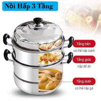 Nồi Hấp Inox 3 Tầng Siêu To Nồi Hấp Bánh Bao Bánh Flan Hấp Thức Ăn 28CM Dùng Cho Cả Bếp Từ Và Bếp Ga Tặng Kèm Xửng Hấph