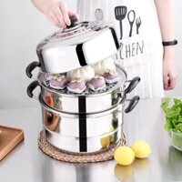 Nồi Hấp Inox 3 Tầng Siêu To Nồi Hấp Bánh Bao Hấp Thức Ăn 28CM Dùng Cho Cả Bếp Từ Và Bếp Ga Tặng Kèm Xửng Hấp