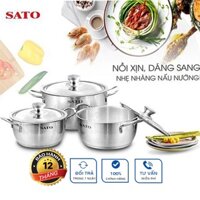 Nồi Inox 201, Bộ nồi inox 3 đáy SATO Hàng Chính Hãng VIỆT-NHẬT ST-BI323K/ST BI322, Bảo Hành 12 Tháng, Đổi Trả 7 Ngày,.