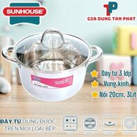 Nồi inox 3 đáy Sunhouse SHG301-20 nồi inox 3 đáy 20cm dung tích 3 lít, vung kính cường lực, dùng với mọi loại bếp