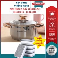 Nồi inox 5 đáy SHG24216 SHG24220 SHG24224 SHG24226 SUNHOUSE chất liệu inox cao cấp không bị oxy hoá giữ nhiệt tốt