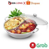 Nòi lẩu đa năng 2 ngăn Inox Size 32cm tiện dụng - Nồi lẩu gia đình 2 ngăn kèm vung kính