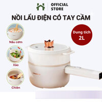 Nồi Lẩu Điện Tay Cầm Dài Mini 2L Chống Dính Kèm Giá Hấp, Chảo Điện 2 Tầng Đa Năng Điều Chỉnh Nhiệt Độ Nấu Thông Minh