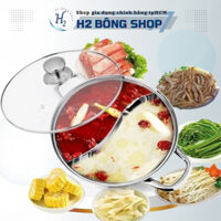 Nồi lẩu inox nắp kính 2 ngăn 30cm - Nồi lẩu inix dùng được trên bếp từ, Bộ nồi lẩu 2 ngăn