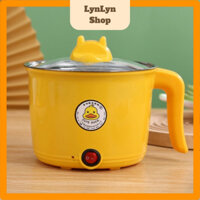 Nồi lẩu mini chống dính kèm khay hấp 18cm hình vịt vàng cute, Nồi lẩu điện đa năng, ca nấu mì vịt vàng  có tay cầm 0