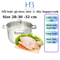 Nồi luộc gà inox 3 đáy nắp kính 32 cm 30 cm Happycook NC-30G NC -30G inox 304 an toàn thực phẩm tốt cho sức khoẻ