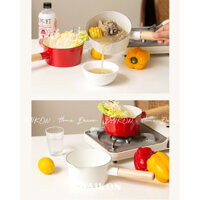 Nồi quánh nấu sữa, cháo ngũ cốc, mì ăn liền bằng chất liệu tráng men cao cấp màu trắng tay cầm gỗ [Hình thật]