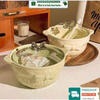 Nồi Sứ Tráng Men Cao Cấp Kèm Thìa Nắp Hình Nơ Siêu Xinh, Dung Tích 900Ml .