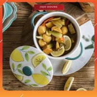 Nồi thố sứ đựng thức ăn, tô sứ họa tiết trái cây cherry, chanh có quai và nắp