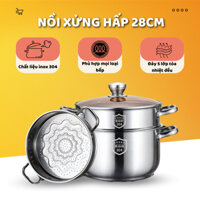 Nồi Xửng Hấp INOX 304 Hai Tầng, Đáy 5 Lớp, Đường Kính 28Cm, Hấp Cách Thủy, Dùng Cho Mọi Loại Bếp, Có Bảo Hành X537