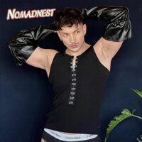 NOMADNEST Áo thun nam không tay gợi cảm co giãn xe tăng màu đen bó sát
