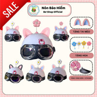 Nón Bảo Hiểm Gấu Dâu Nửa Đầu Kèm Kính Phi Công Gắn Tai Mèo 2 Màu Và Bông Hoa Nhiều Màu Cute, Mũ Bảo Hiểm 1/2 Đầu Gấu Dâu