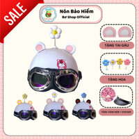 Nón Bảo Hiểm Gấu Dâu Nửa Đầu Kính Phi Công Kèm Tai Gấu 2 Màu Và Bông Hoa Nhiều Màu Cute, Mũ Bảo Hiểm Gấu Dâu 1/2 Đầu