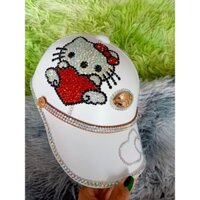 Nón bảo hiểm màu trắng đính đá hình hello kitty, có khoét lỗ cột tóc