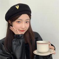 Nón Beret nỉ mềm dáng tròn hoạ tiết trái tim xinh xắn, nón mũ nồi dáng tròn, phụ kiện mùa đông
