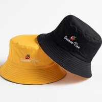 Nón Bucket 2 Mặt Thêu Icon  - TRÁI DÂU ĐEN - ĐỎ
