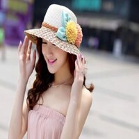 nón cói- mũ cói gắn hoa đôi phong cách Hàn