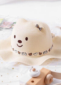 Nón cói trẻ em vành gợn sóng hình mặt heo HQC210 - Trắng ngà