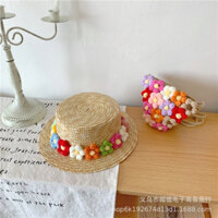 Nón cói vành rộng hoa len màu sắc bé gái (52cm)