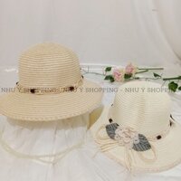 Nón cói,mũ cói nữ đi biển vành nhỏ viền bo cách điệu phối hoa lá dập ly vintage_q12 hoa lá dập ly