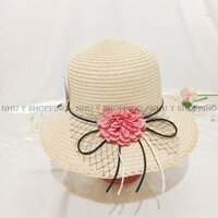 Nón cói,mũ cói nữ đi biển vành nhỏ hoa dập ly kết lưới thần thái ngút ngàn-q12 hoa m.hồng - NPP